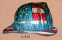Tattoo of red, white and blue fire helmet  with 9-11 inscribed below the tattoo
