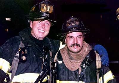 Firefighters Tommy Cullen and Bruce VanNosdall at Bronx 3rd alarm on Wales Ave. on Sept. 8, 
2001